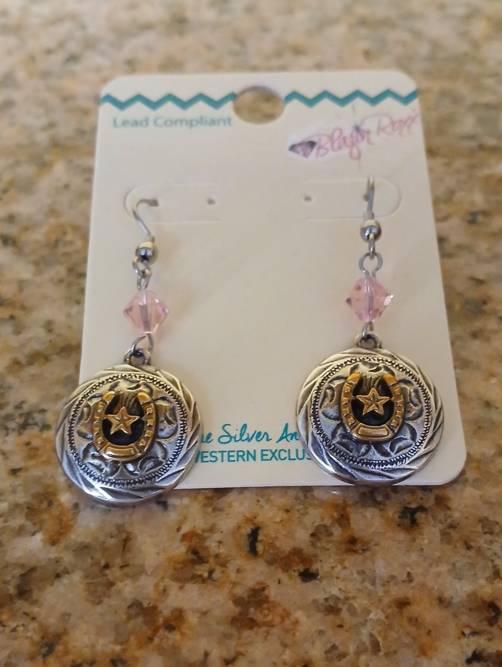 Western Horseshoe Star Drop Earrings in Pink and Mixed Metal